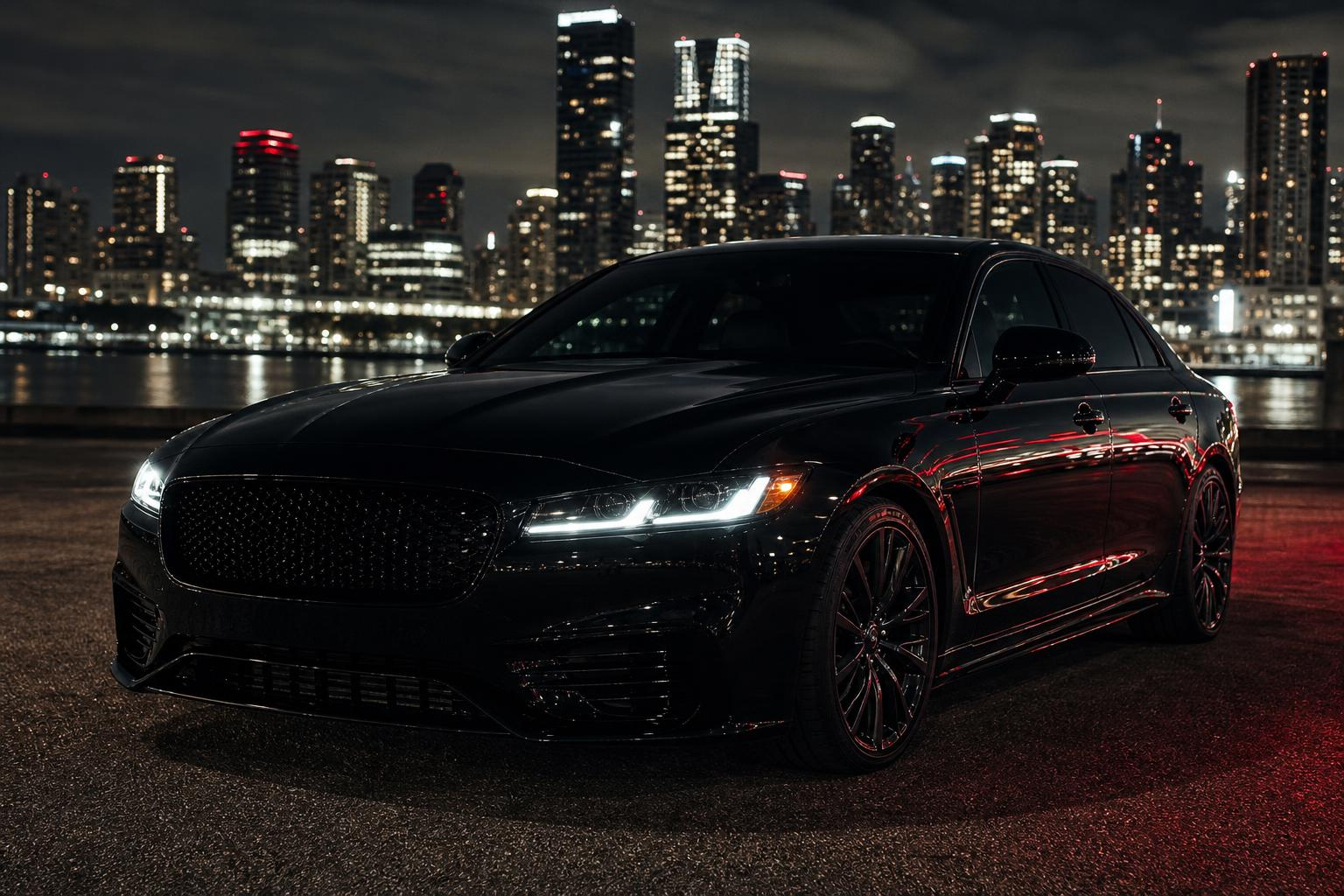 Black sedan hire car parked at night with a city skyline behind it